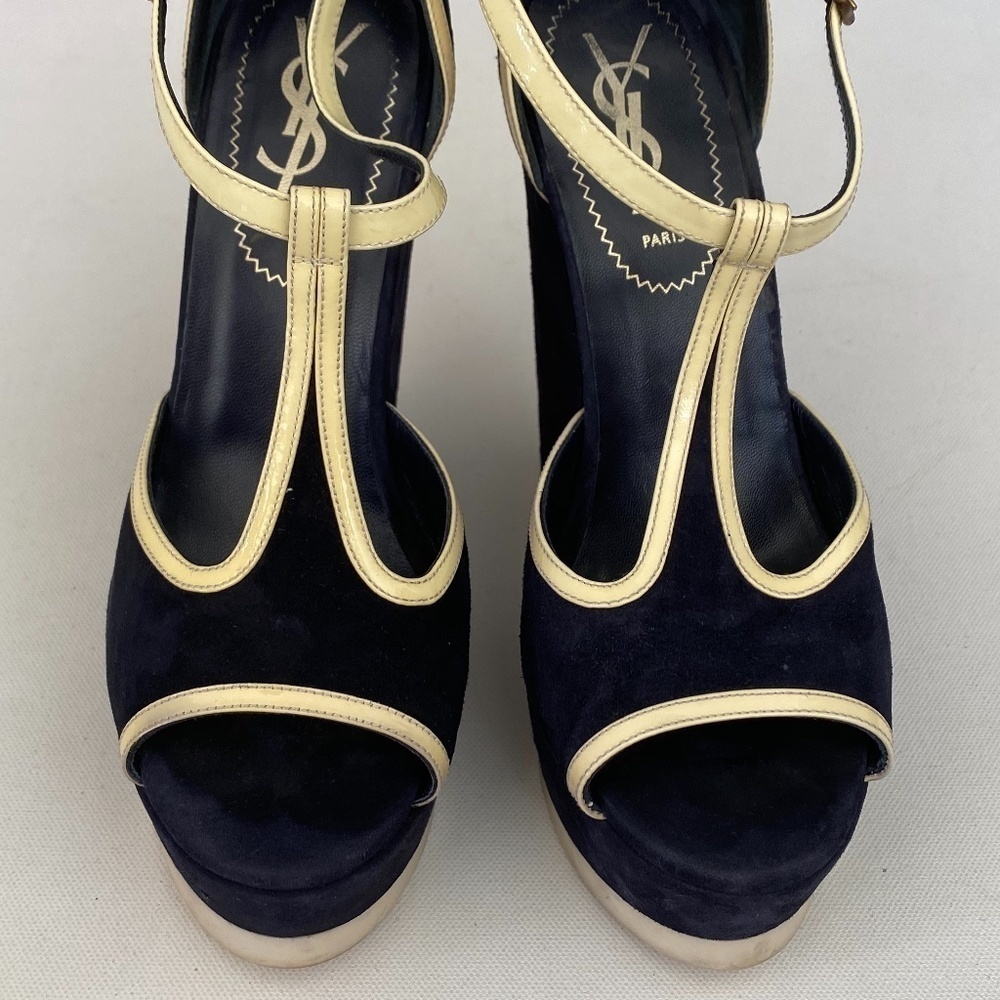Yves Saint Laurent Navy Suede Wedges Size 36 - Picture 8 of 12